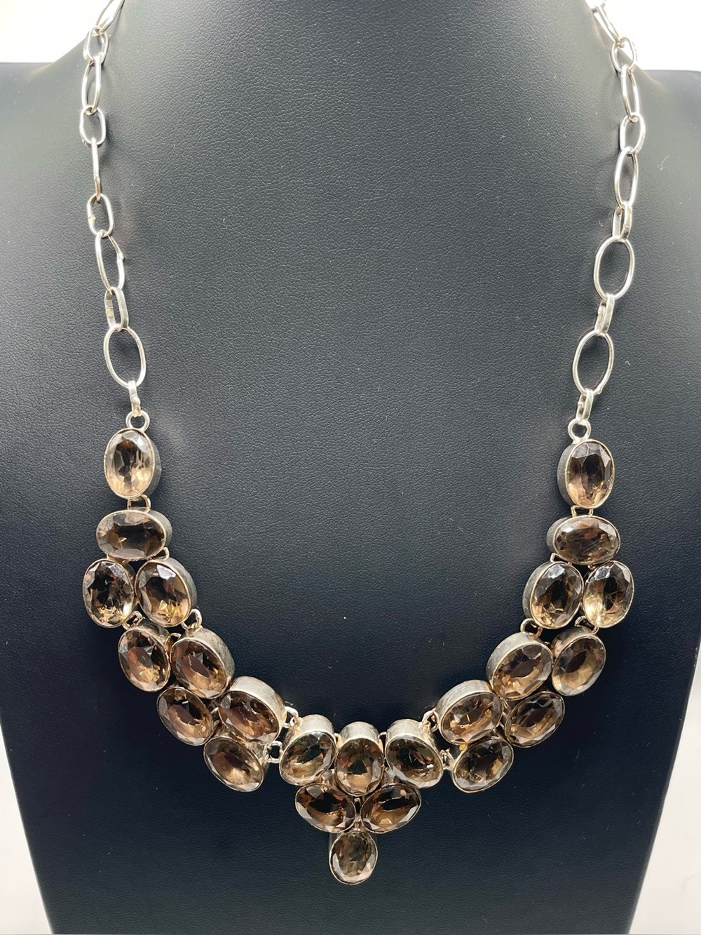 🌑Smoky Quartz-Tone Glass Sterling Overlay Statement Necklace🌑